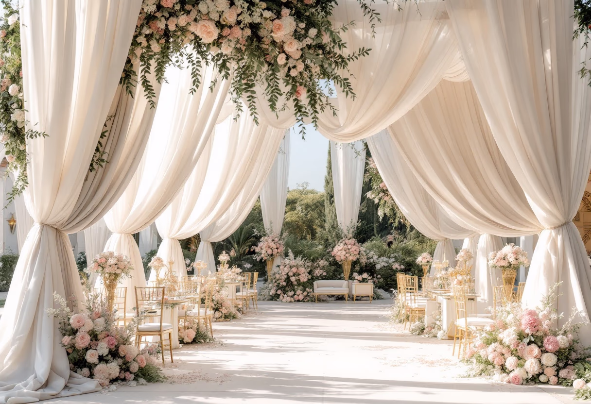 Elegant wedding reception with draped florals